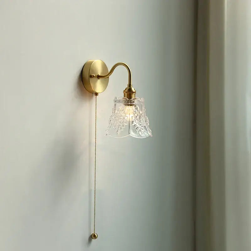 Modern copper wall sconce with clear glass etched shade and elegant curved arm by Decorbites clear glass for bedroom decor
