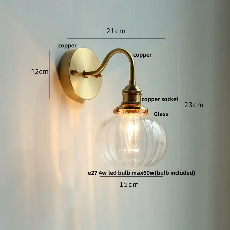 Modern copper wall sconce with vintage ribbed clear glass globe and pull chain light for bedroom decorbites clear glass