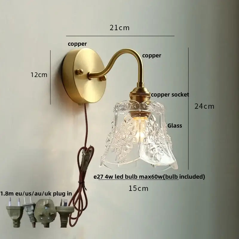 Modern copper wall sconce with antique brass finish and decorbites clear glass etched shade for bedroom lighting