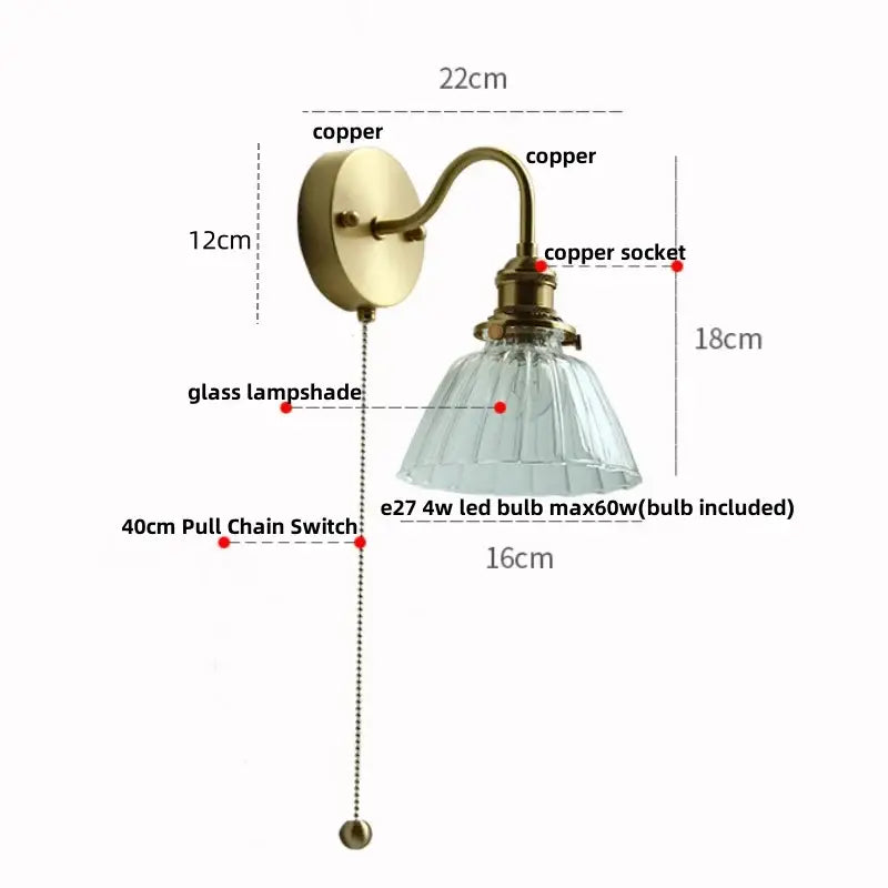 Antique brass copper wall sconce with clear glass fluted lampshade and pull chain switch by decorbites clear glass