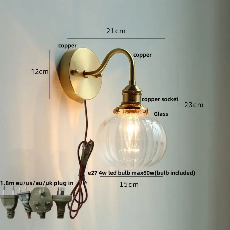 Modern copper wall sconce with clear glass ribbed globe and pull chain light ideal for bedroom decorbites clear glass design