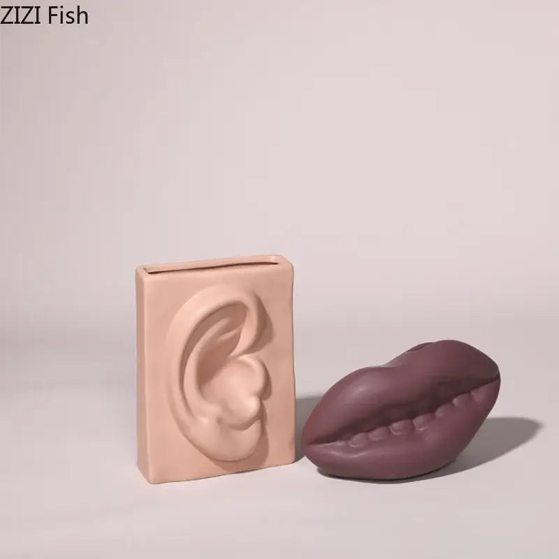 Beige ceramic ear-shaped decorbites ceramic vase with rectangular form and matte finish for modern living room decor