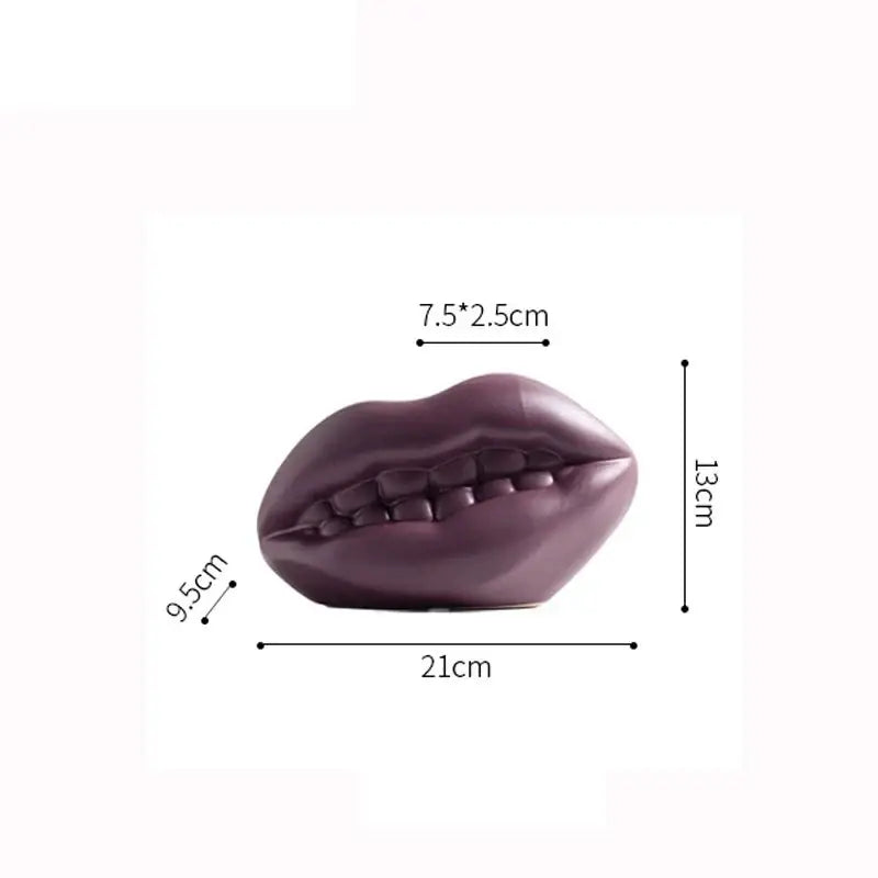 Glossy dark purple ceramic lips sculpture with teeth detail from decorbites ceramic vase modern living room decor