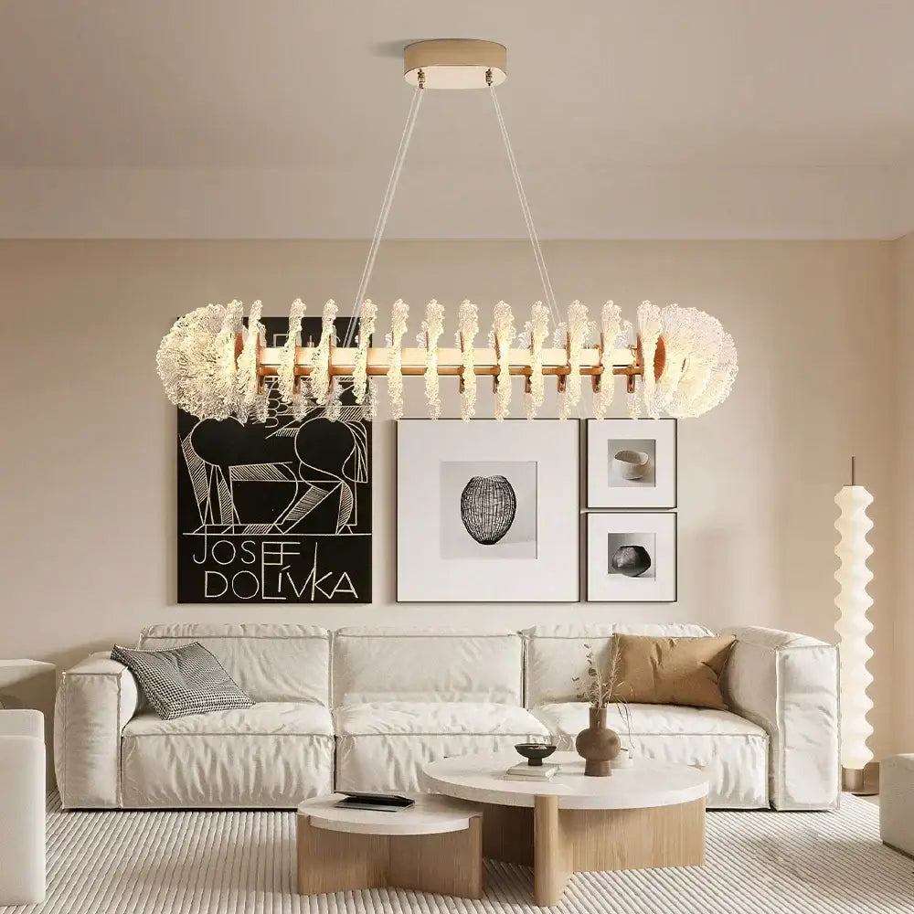 Modern coral flower crystal chandelier with a central wooden bar and frosted glass clusters for dining room decorbites coral flower