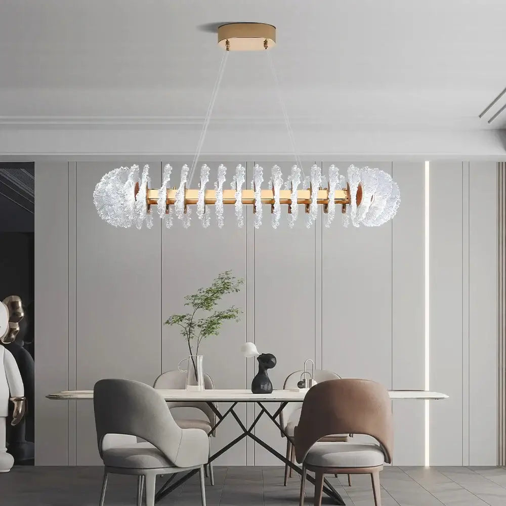Modern coral flower crystal chandelier with gold-toned bar and clear crystal droplets for dining room decorbites coral flower