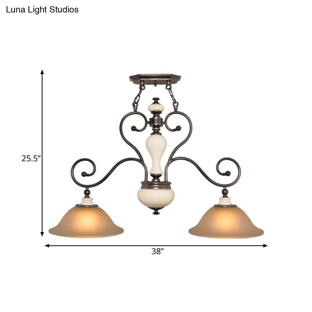 DecorBites™ Modern Countryside Style Chandelier Light - White Glass, Black Island Lamp with Flared 2 Heads and Curvy Arm - Ideal for Dining Room