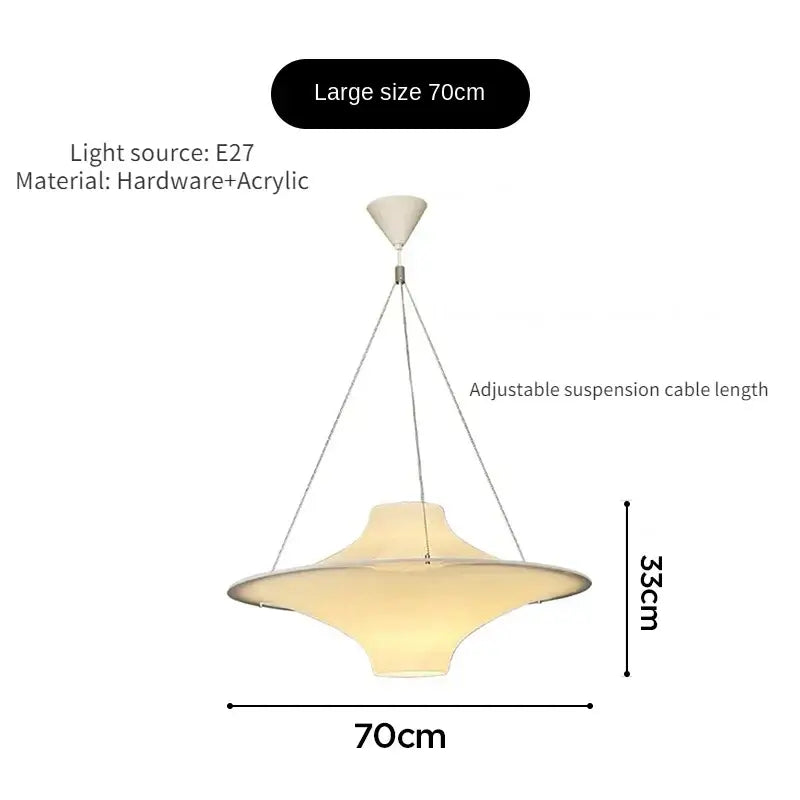 Modern cream acrylic ufo pendant light 70cm wide with warm cream acrylic shade and metallic suspension for dining room decorbites