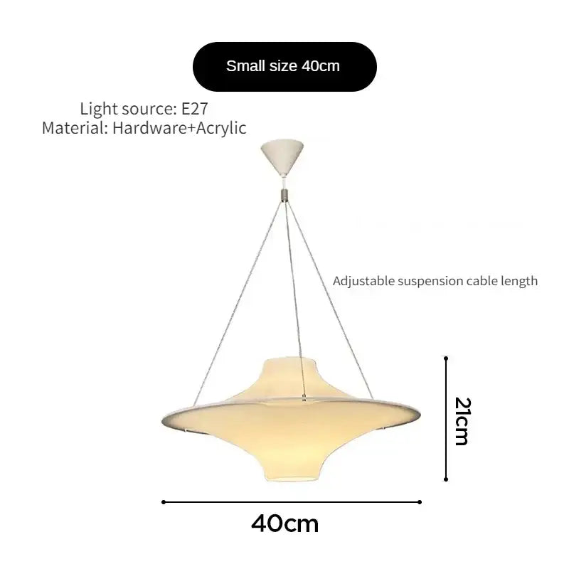 Modern cream acrylic ufo pendant light with warm acrylic shade and metallic suspension for dining room decorbites pendant light