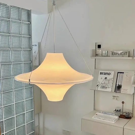 Modern cream acrylic ufo pendant light with two flared glass shades and warm glow for dining room decorbites cream acrylic