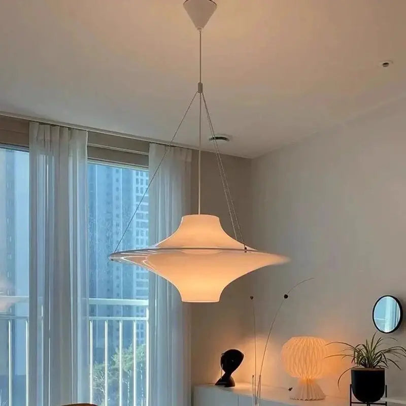 Modern cream acrylic ufo pendant light with translucent glass shade and thin metal chains for dining room decorbites cream acrylic