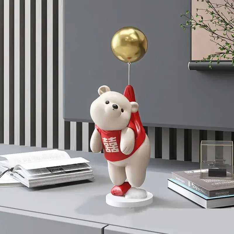 Cute white polar bear resin figurine wearing red vest with chinese characters holding a golden balloon for office decor