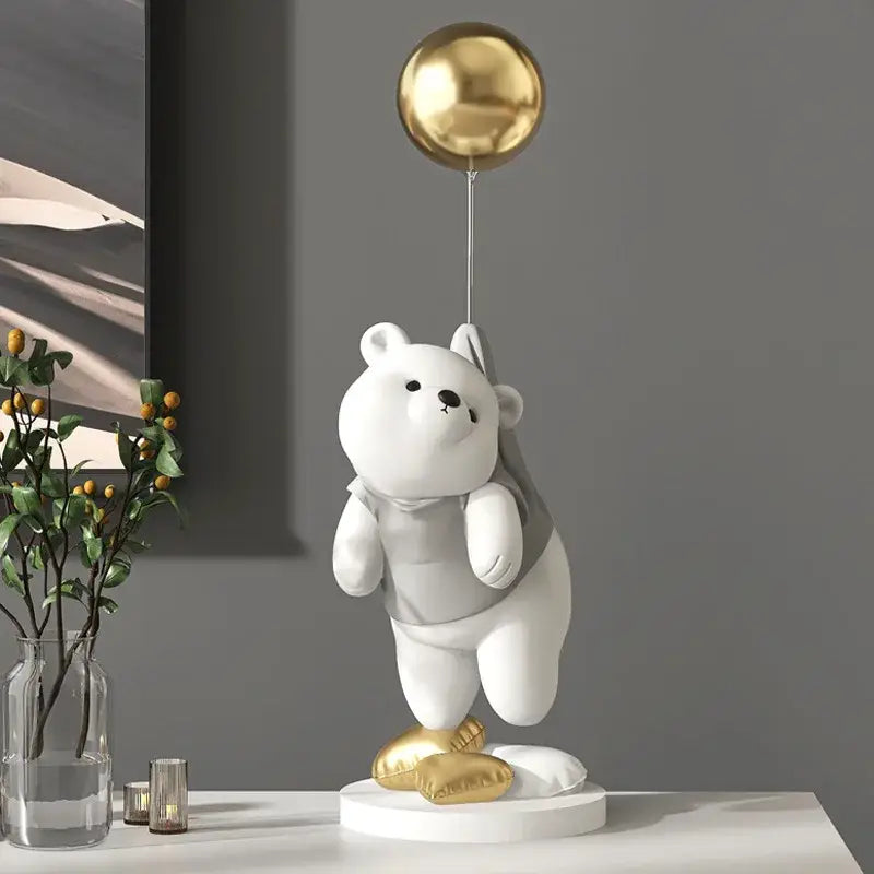 Modern cream and gold balloon polar bear resin figurine holding a golden balloon for office desk decor