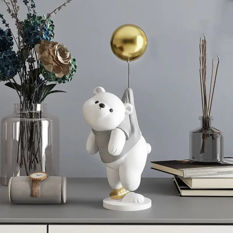 Modern cream and gold balloon polar bear resin figurine holding a gold balloon for office desk decor