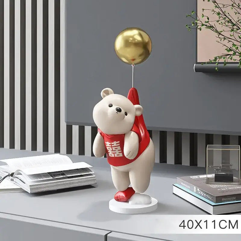 Modern cream and gold balloon polar bear resin figurine wearing red vest with chinese characters for office desk decor