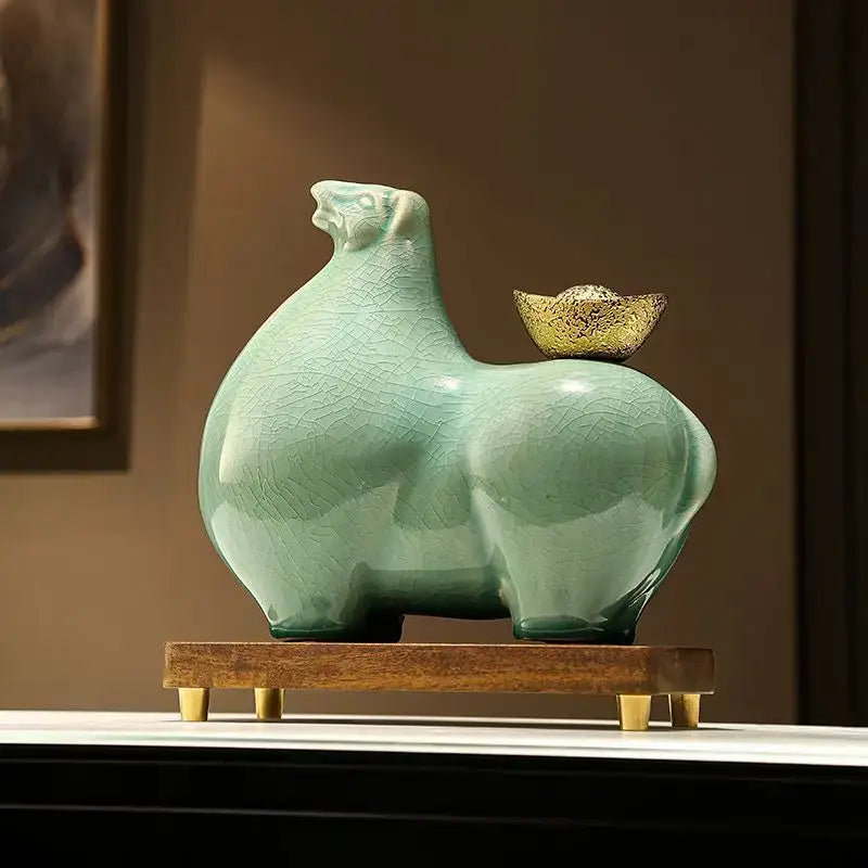 Modern cream and gold horse sculpture figurine with turquoise crackled-glazed ceramic sheep and golden bowl decorbites horse sculpture