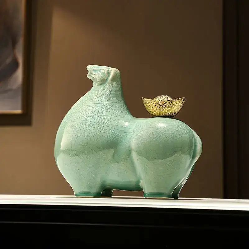 Modern cream and gold horse sculpture figurine with turquoise ceramic sheep and crackled glaze for living room decorbites horse sculpture