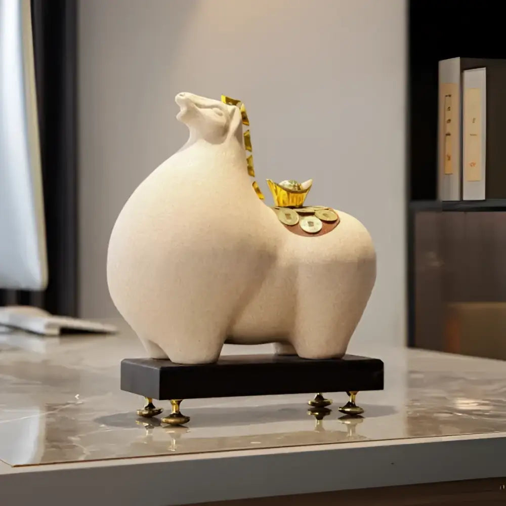 Modern cream and gold ceramic horse sculpture figurine with decorative coins on black base decorbites horse sculpture decor