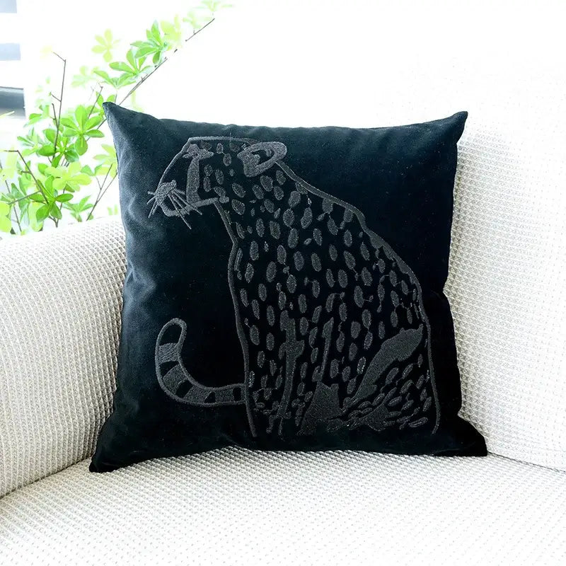Black velvet throw pillow with intricately embroidered leopard in dark gray thread modern home decor pillowcase
