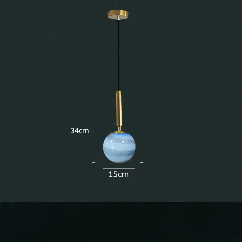 A sleek 34cm tall modern cream and blue glass planet pendant light with swirling patterns for bedroom use
