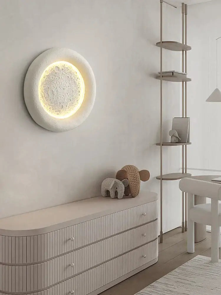 Modern cream breeze moon ceiling lamp featuring an off-white textured surface and warm illuminated inner ring decorbites cream breeze
