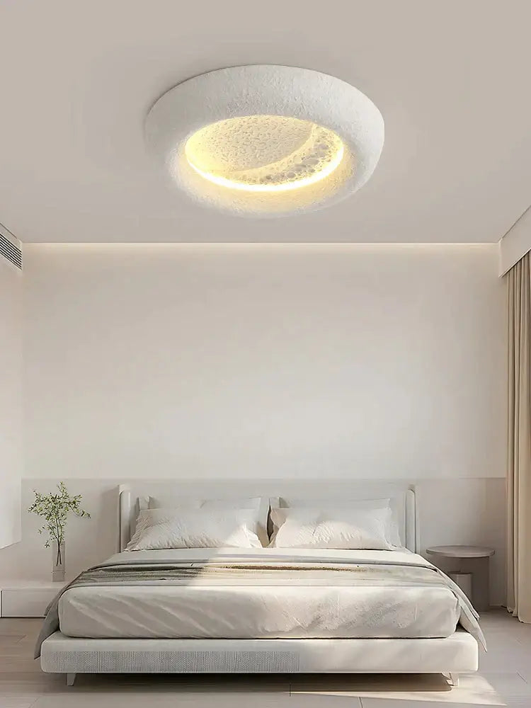Modern cream breeze moon ceiling lamp with soft white textured ring and warm illuminated inner circle decorbites cream breeze