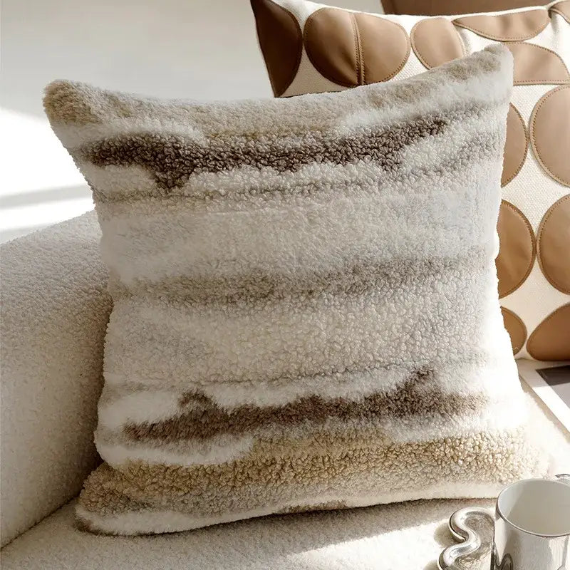 A modern decorbites brown coffee plush faux-fur pillowcase with cream and muted brown horizontal stripes for living room decor