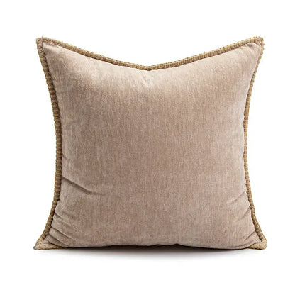 Modern cream brown coffee pillowcase with beige textured velvet and woven rope trim from decorbites brown coffee collection