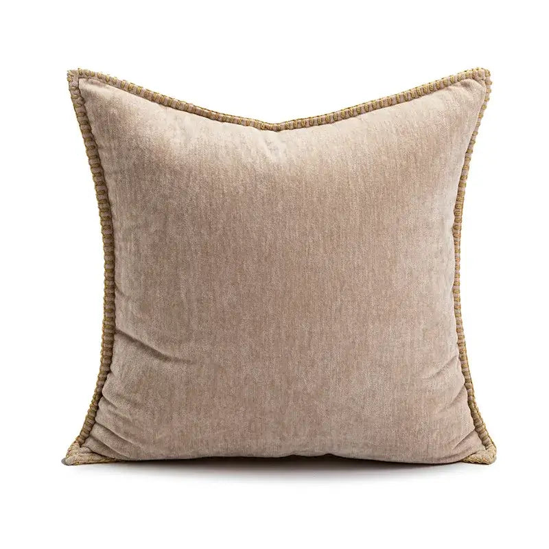 Modern cream brown coffee pillowcase with beige textured velvet and woven rope trim from decorbites brown coffee collection