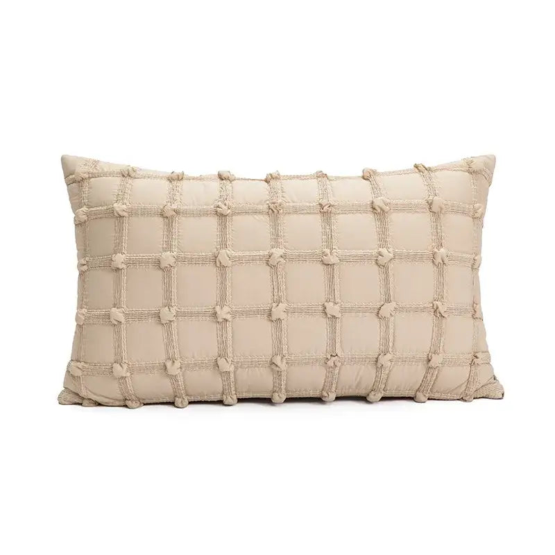 Beige decorbites brown coffee pillowcase with textured grid pattern and knotted woven accents for living room decor