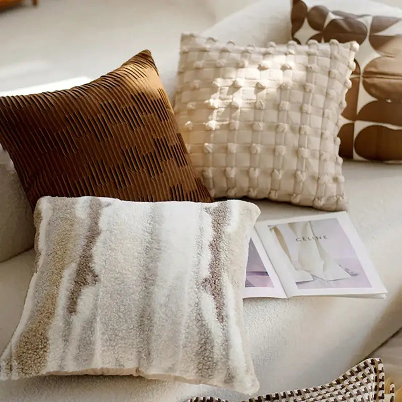 Cream-colored plush throw pillow with soft beige and taupe stripes for living room decorbites brown coffee pillowcase