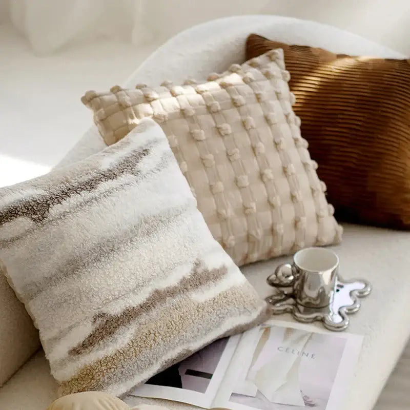 Modern cream brown coffee pillowcase textured with horizontal beige and taupe stripes for decorbites brown coffee decor