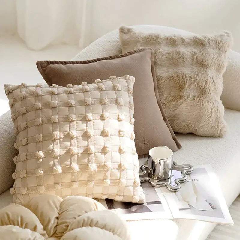 Modern cream brown coffee pillowcase with textured quilted design and raised pom-pom accents by decorbites brown coffee