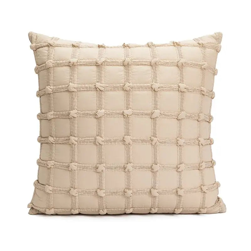 Beige quilted decorbites brown coffee pillowcase with textured grid pattern and knotted woven cord accents for living room