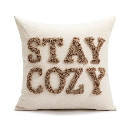 Modern cream brown coffee pillowcase with stay cozy textured embroidery for decorbites brown coffee living room decor