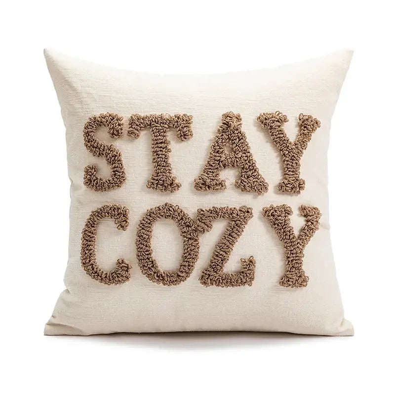 Modern cream brown coffee pillowcase with stay cozy textured embroidery for decorbites brown coffee living room decor