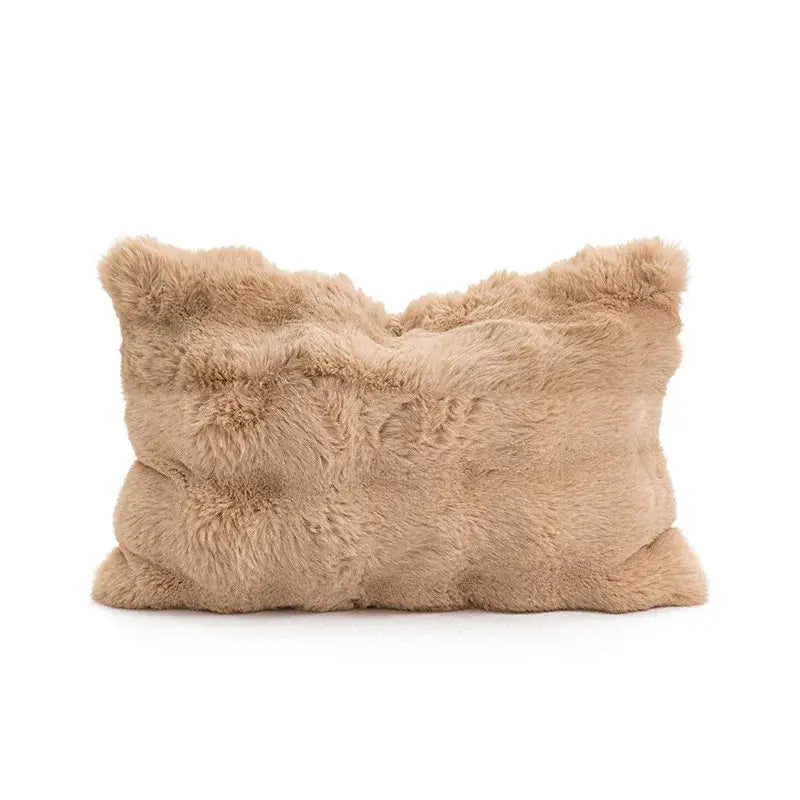 Beige faux fur decorbites brown coffee rectangular pillow with plush texture and irregular edges for living room decor