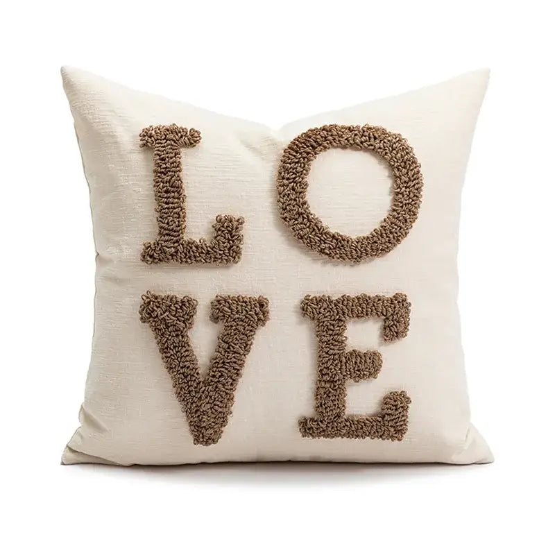 Modern cream brown coffee pillowcase featuring textured brown yarn appliqué spelling love for living room decorbites brown coffee