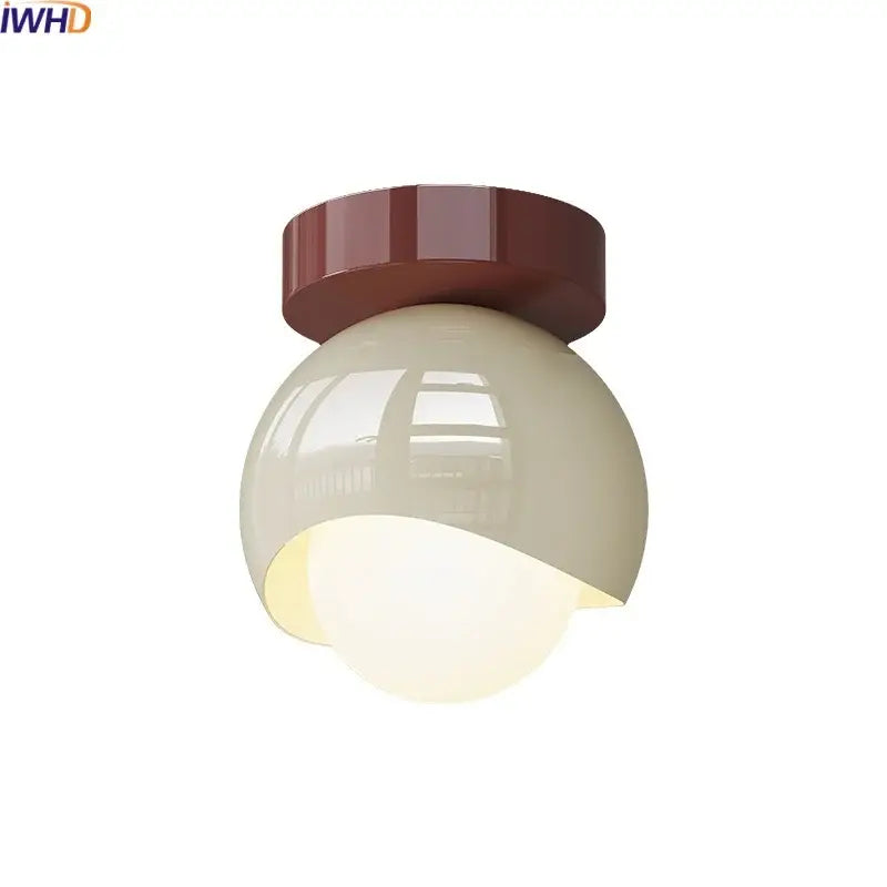 Modern cream and brown decorbites glass iron led ceiling lamp with glossy spherical light and faceted mounting base