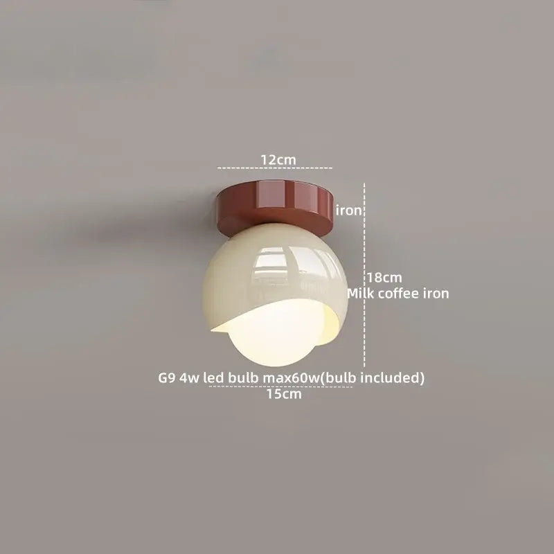 Modern cream and brown glass iron led ceiling lamp with matte milk coffee iron base and glossy off-white glass shade