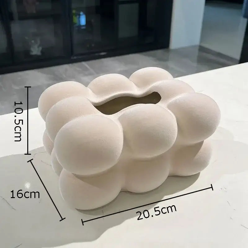 Cream-colored ceramic tissue box with bubbly cloud design for modern bedroom desk decor and cloud ceramic tissue use