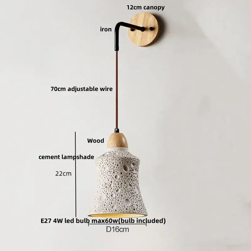 Modern cream ceramic and wood wall light with a white cement lampshade and adjustable wire by decorbites cement wood wall