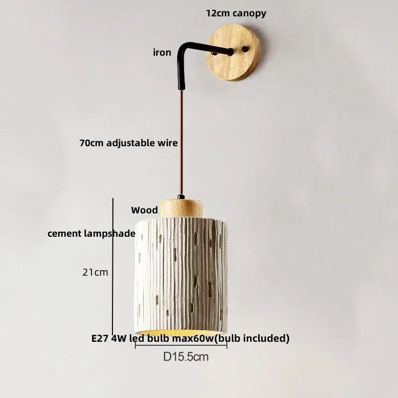 Modern cream ceramic and wood wall light with cylindrical cement wood wall lampshade and pull chain switch decorbites cement wood