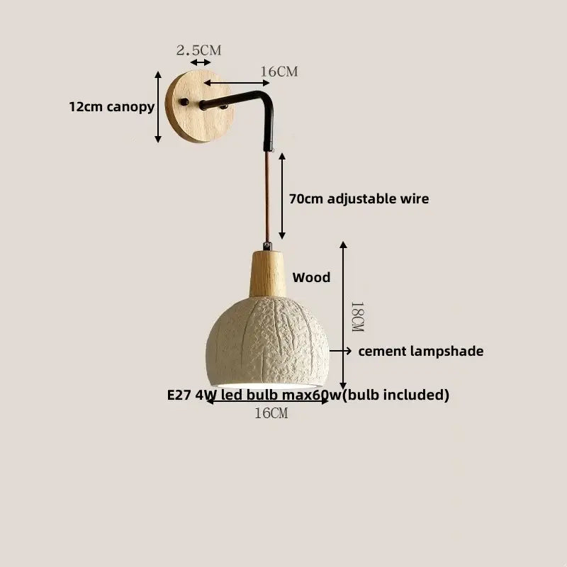 Modern cream ceramic and wood wall light with adjustable black wire arm and cement wood wall decorbites style shade