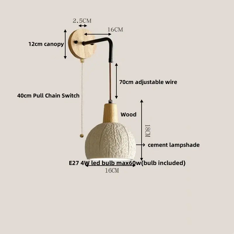 Modern cream ceramic and wood wall light with 18cm cement wood wall shade and pull chain switch for bedroom decorbites cement wood