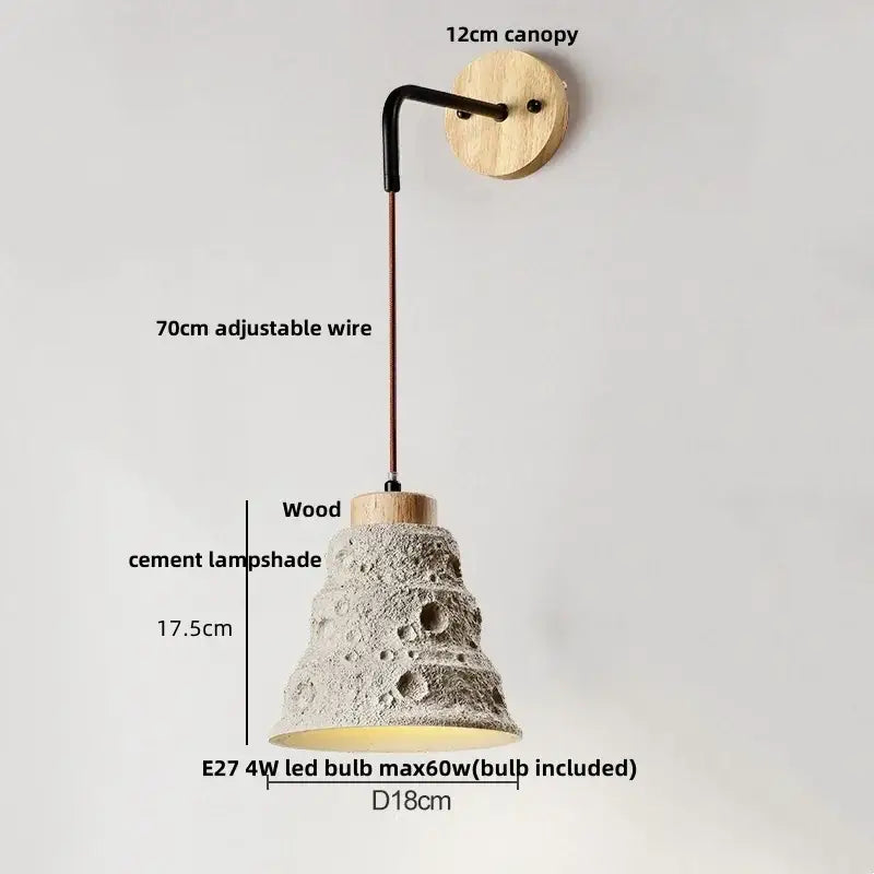 Modern cream ceramic and wood wall light with a rustic cement wood wall lampshade and pull chain switch for bedroom decorbites