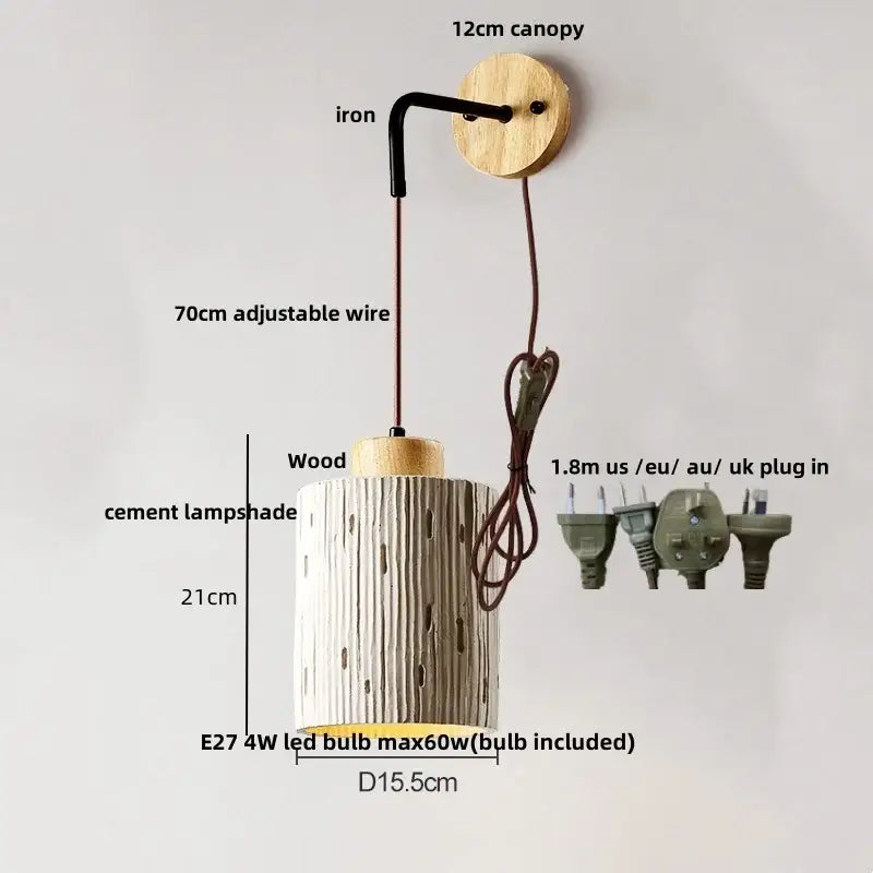 Modern cream ceramic and wood wall light with cylindrical cement wood wall lampshade and pull chain switch for bedroom decorbites