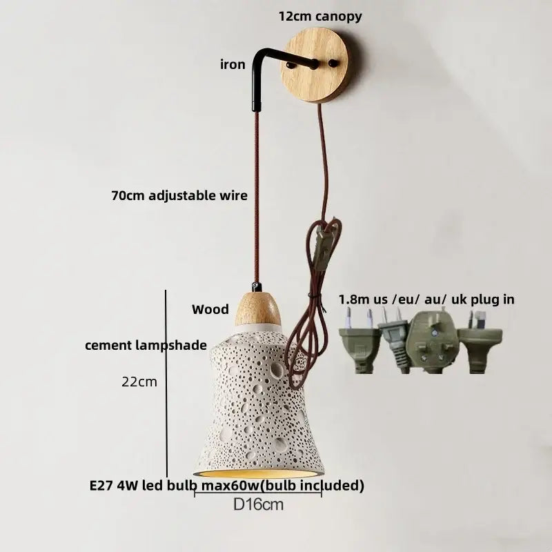 Modern cream ceramic and decorbites cement wood wall light with a textured perforated lampshade and pull chain switch