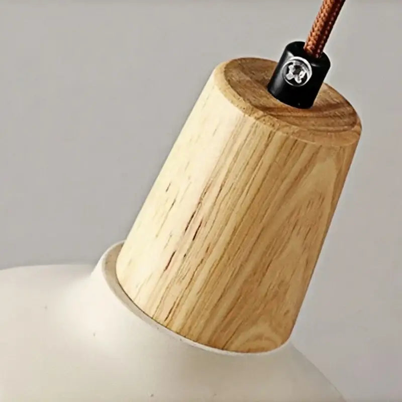 Lightweight oak wood lamp shade with black metal cord connector and braided copper cable for modern cream ceramic and wood wall light decorbites cement wood wall