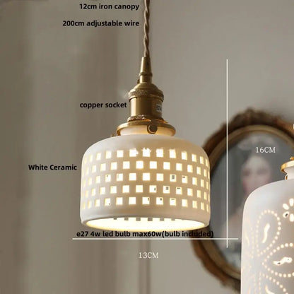 Modern cream ceramic led pendant light with a white grid pattern and brass accents for kitchen decorbites ceramic led lighting