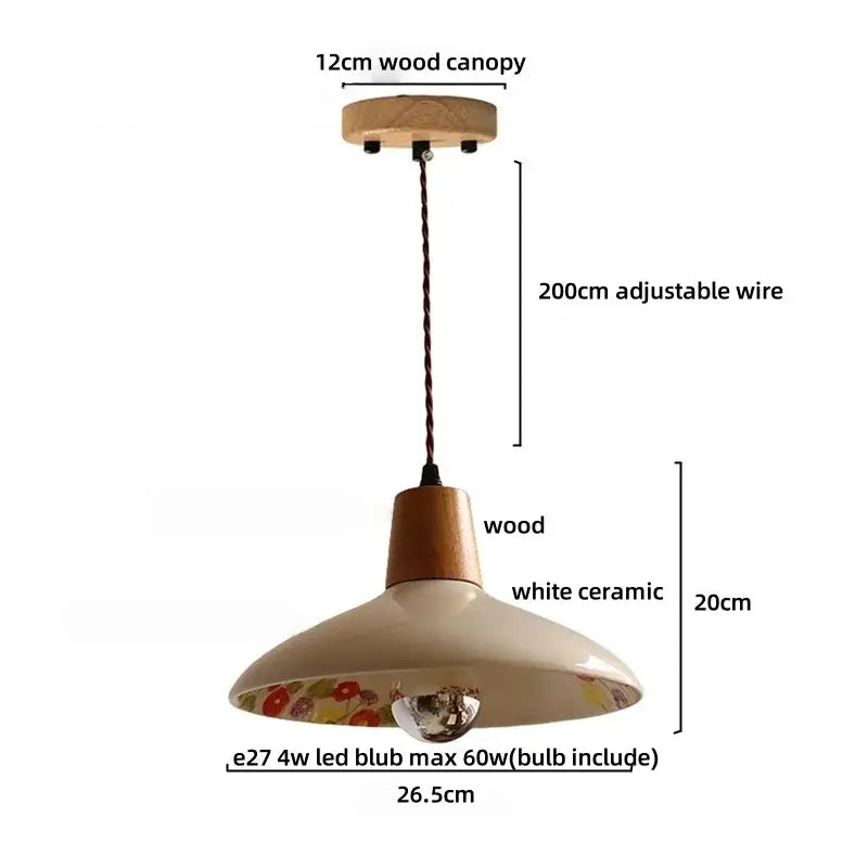 Modern cream ceramic led pendant light with natural wood canopy and floral interior detailing by decorbites ceramic led